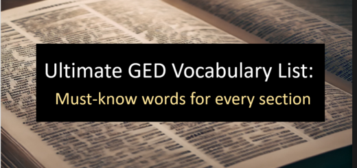A dictionary opened to a random page as the background. Title of the article over top: Ultimate GED Vocabulary List: Must-know words for every section