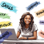 Woman on a computer with the following words surrounding her: Skills, learning, knowledge, competence, growth, training, experience, and ability.