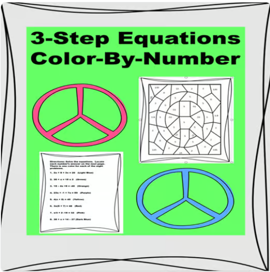Cover for free resource from my Wild and Wacky Worksheets store: 3-Step Equations Color-by-Number