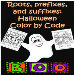 Cover of resource from Wild and Wacky Worksheets Store: Roots, prefixes, and suffixes.  Halloween Color by Code