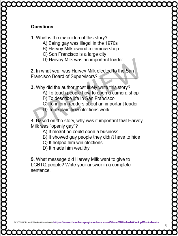 Sample questions found in the LGBTQ Leaders Pre-GED Reading packet.