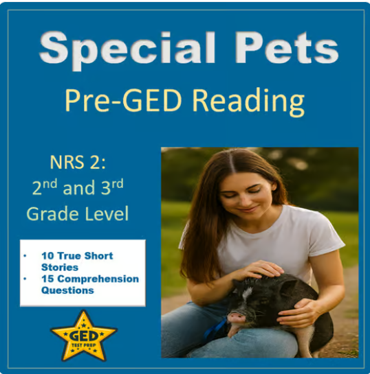 Cover of a product from my Wild and Wacky Worksheets Store: Special Pets: Pre-GED Reading (2nd and 3rd grade reading level - NRS 2)