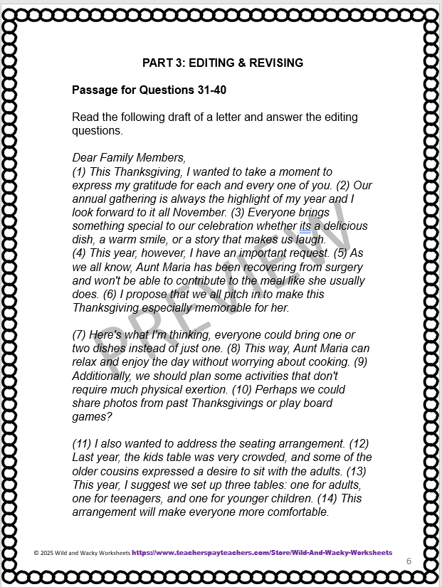 Sample questions for product from my TPT store: Thanksgiving-themed RLA Practice test for the GED