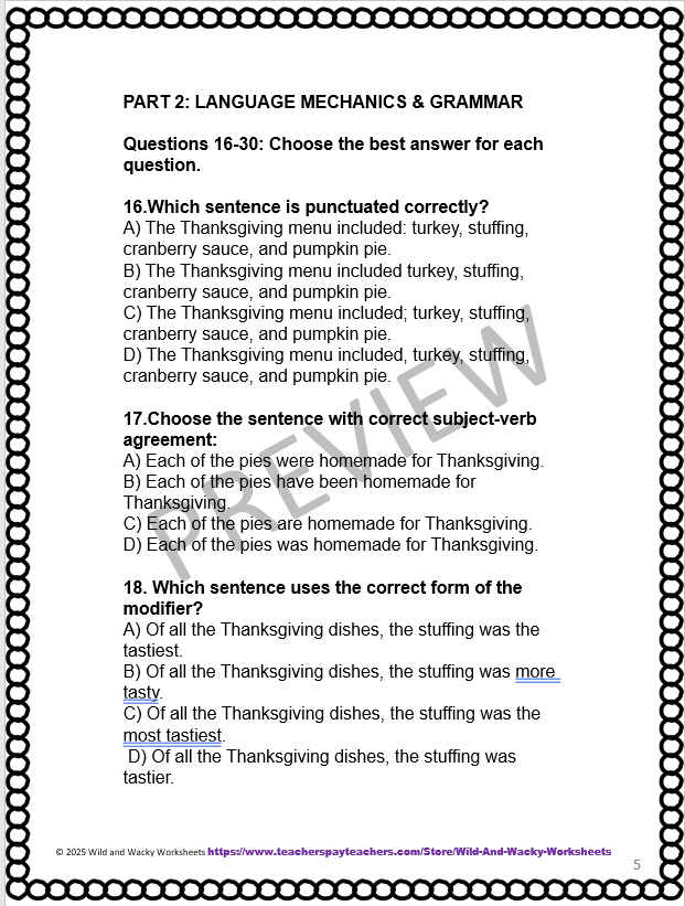 Sample questions for product from my TPT store: Thanksgiving-themed RLA Practice test for the GED