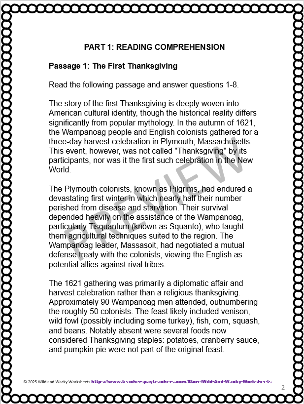 Sample passage for product from my TPT store: Thanksgiving-themed RLA Practice test for the GED