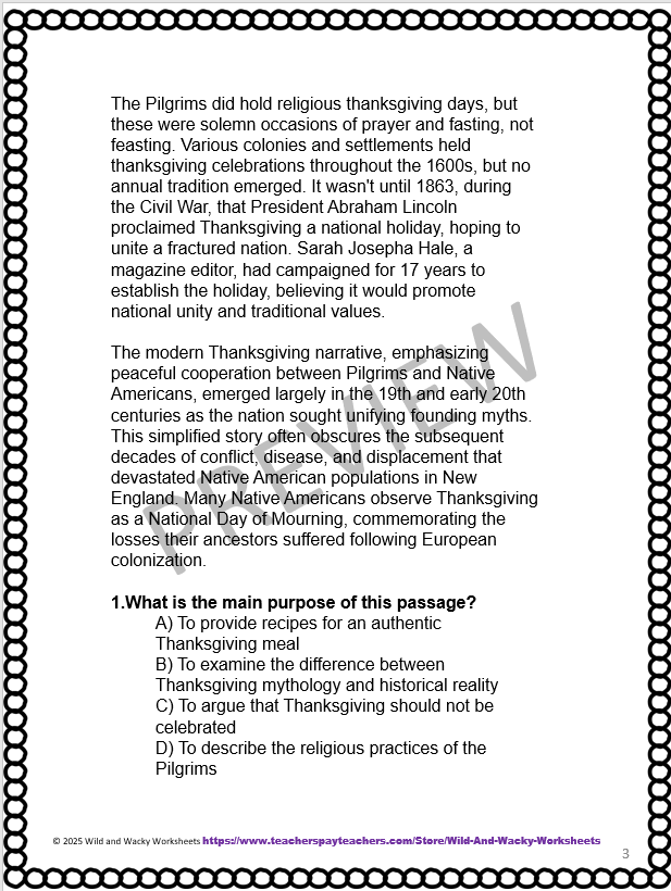 Sample passage for product from my TPT store: Thanksgiving-themed RLA Practice test for the GED