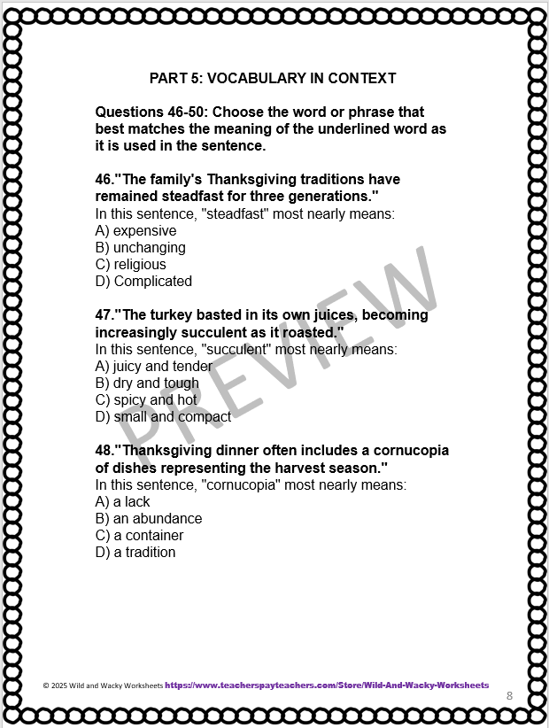 Sample questions for product from my TPT store: Thanksgiving-themed RLA Practice test for the GED
