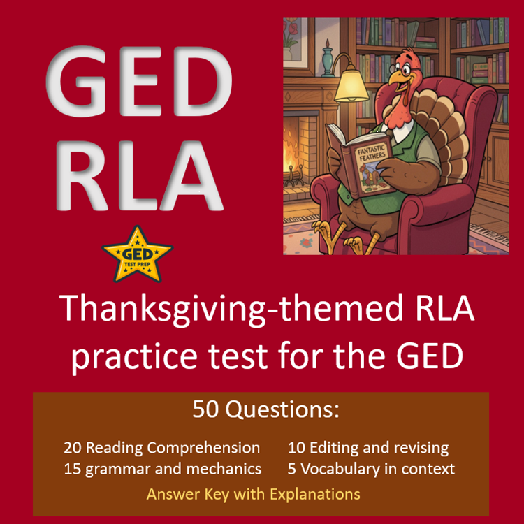 Cover for product from my TPT store: Thanksgiving-themed RLA Practice test for the GED
