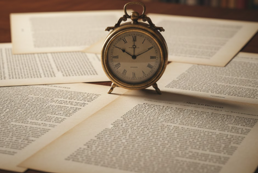 Picture of loose paper with reading passages underneath a clock