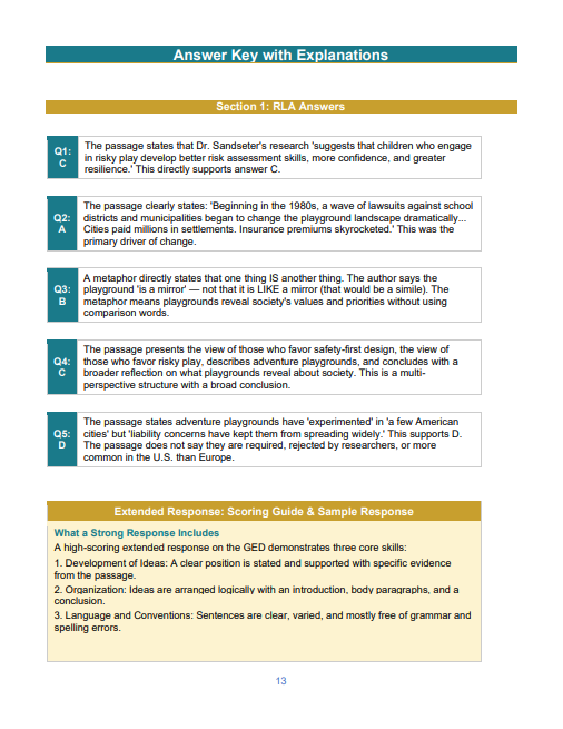 One page from the answer key of "GED Unit: The Evolution of Playgrounds.