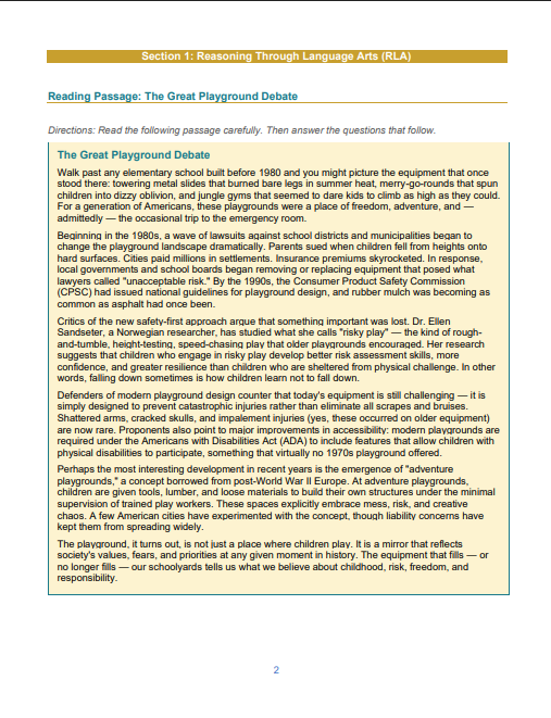 Sample RLA page from "GED Unit: The Evolution of Playgrounds."