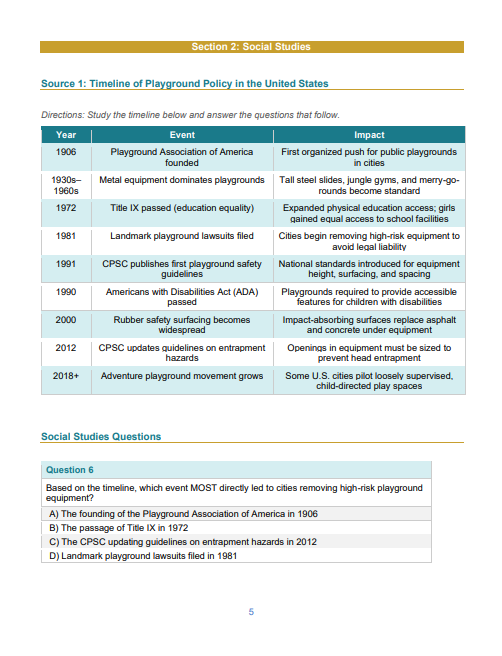 Sample Social Studies page from "GED Unit: The Evolution of Playgrounds."