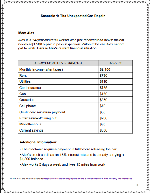 Sample page to illustrate a critical thinking scenario: The Unexpected Car Repair