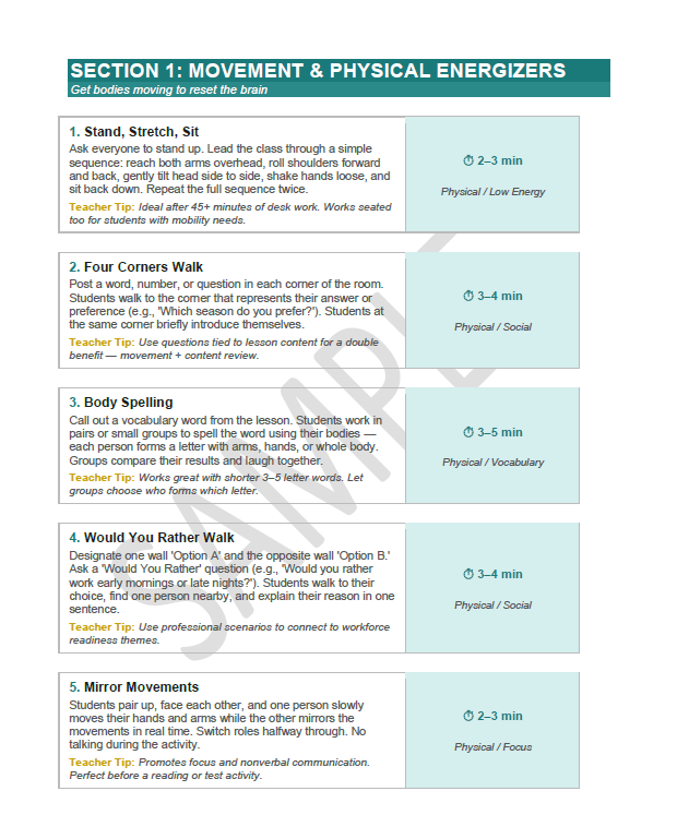 Sample page from Brain Breaks for the Adult Education Classroom