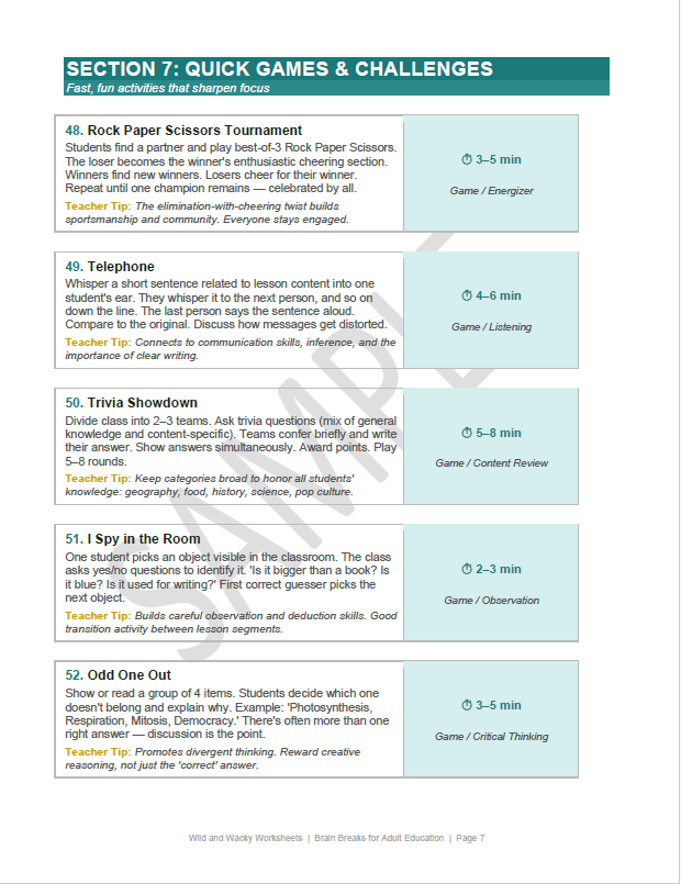 Sample page from Brain Breaks for the Adult Education Classroom