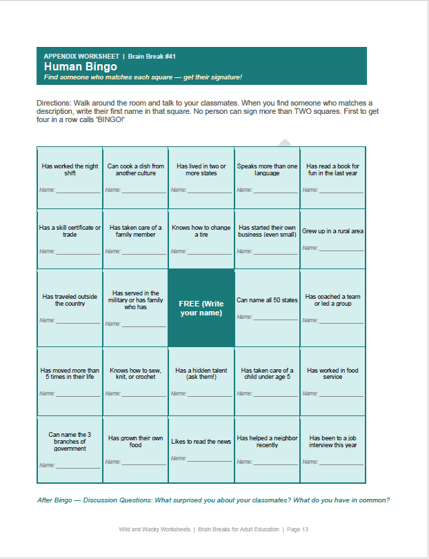 Sample page from Brain Breaks for the Adult Education Classroom