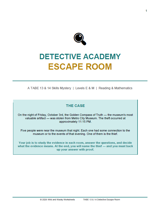 Sample page for TABE 13/14 Escape Room Levels E and M Reading and Math