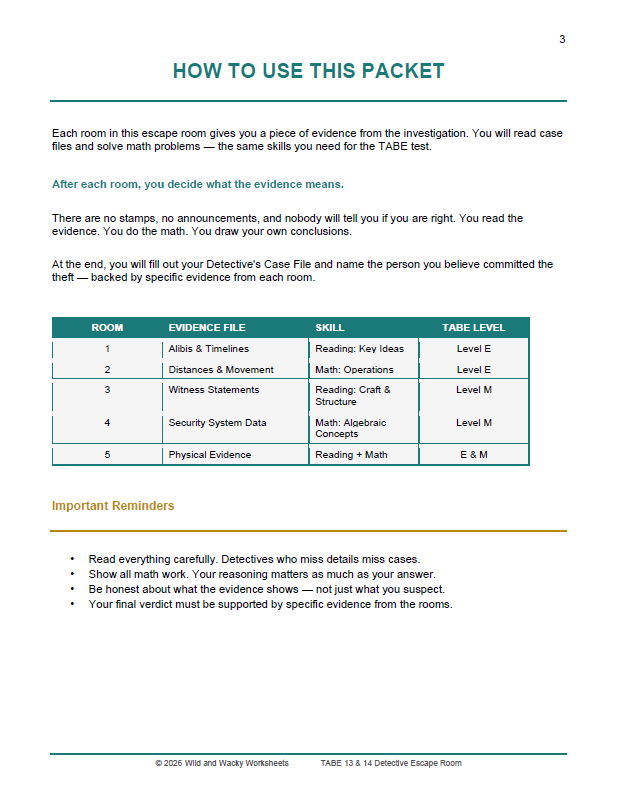 Sample page for TABE 13/14 Escape Room Levels E and M Reading and Math