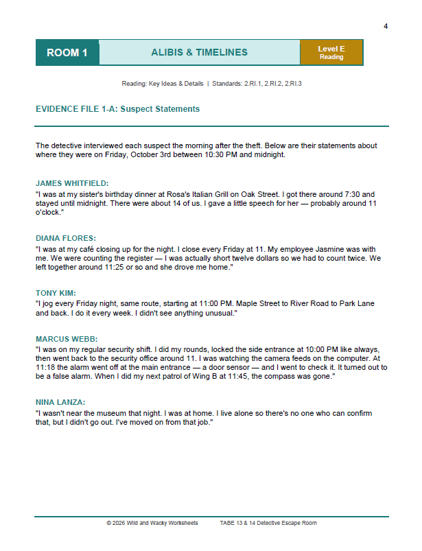 Sample page for TABE 13/14 Escape Room Levels E and M Reading and Math