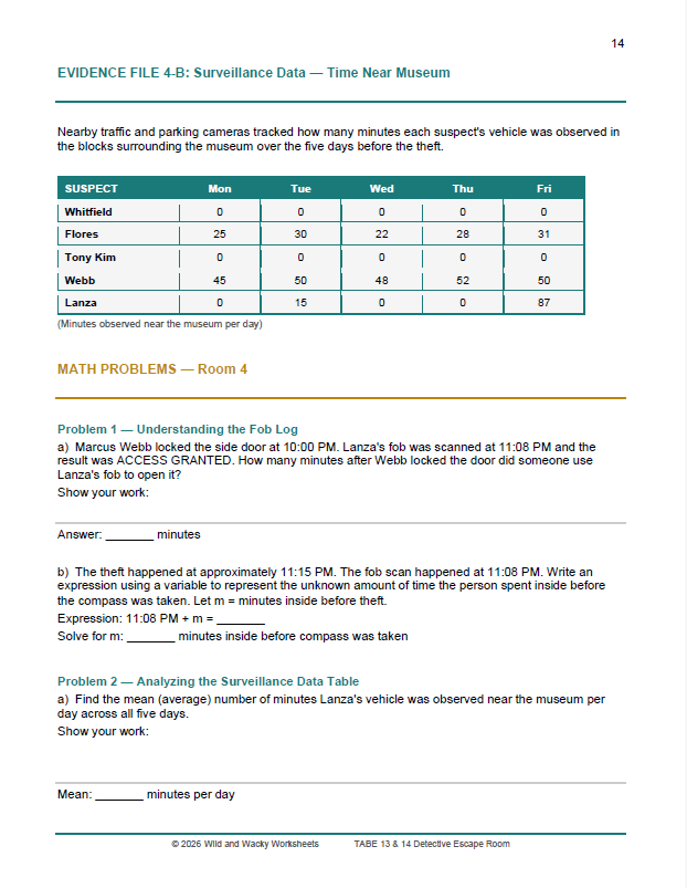 Sample page for TABE 13/14 Escape Room Levels E and M Reading and Math
