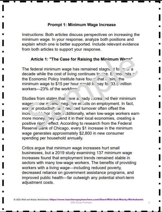 Sample page from GED Essay Prompts with sample answers