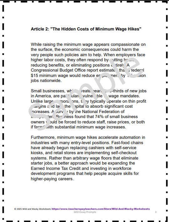 Sample page from GED Essay Prompts with sample answers