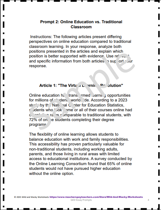 Sample page from GED Essay Prompts with sample answers
