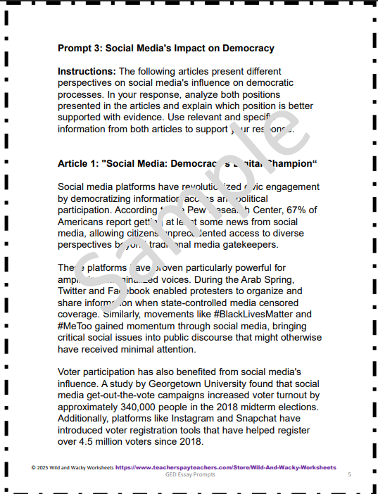 Sample page from GED Essay Prompts with sample answers