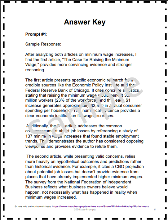 Sample page from GED Essay Prompts with sample answers