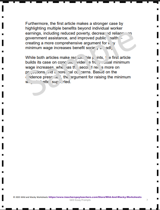 Sample page from GED Essay Prompts with sample answers
