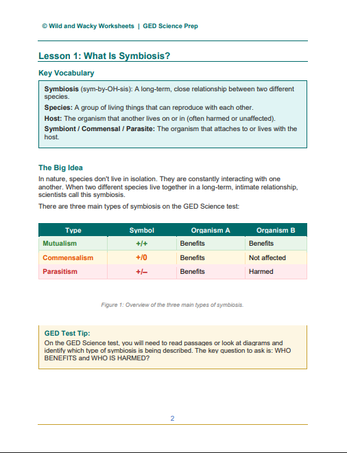 Page from lesson 1 of the Symbiosis Study Guide.