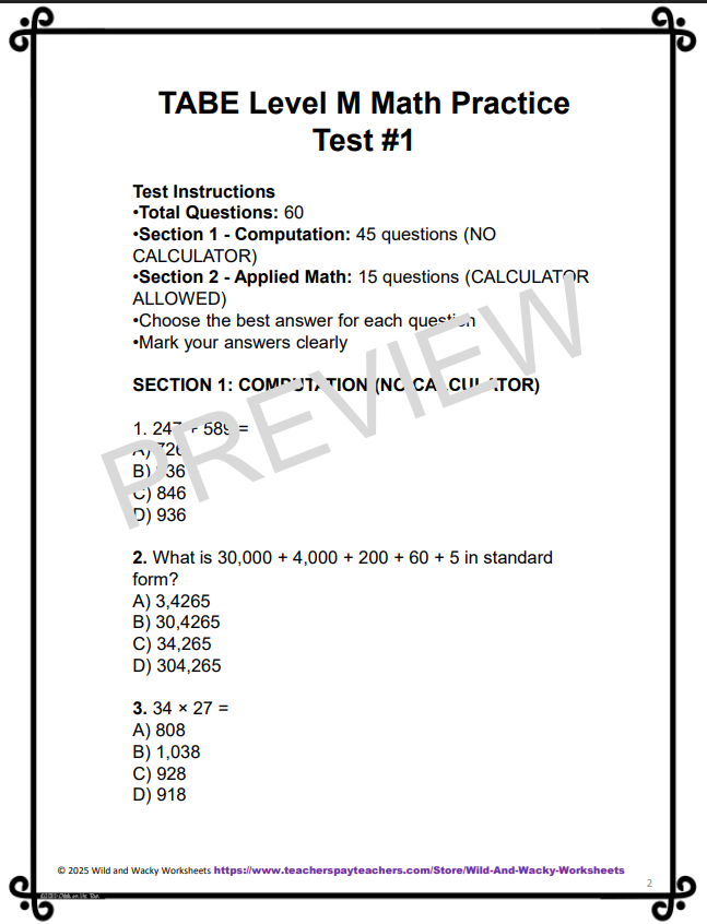 Sample page from Level M Math Practice Tests: Set of 3