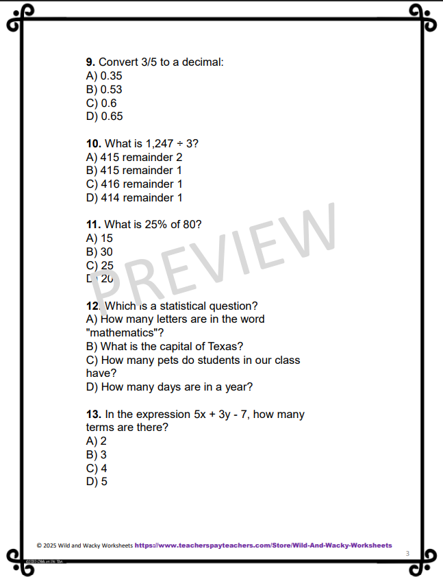Sample page from Level M Math Practice Tests: Set of 3